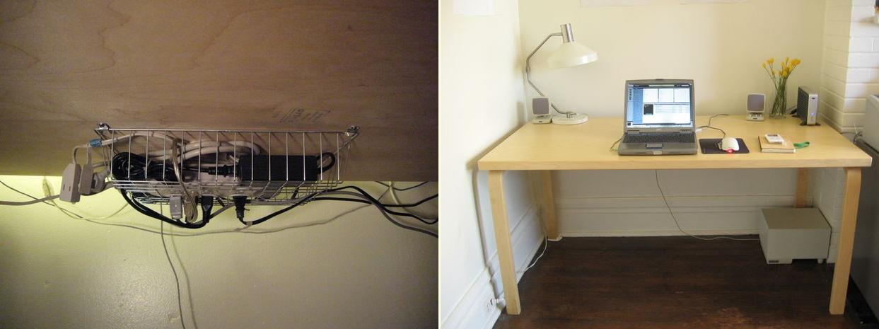 Mount a power strip container underneath your desk to eliminate floor clutter