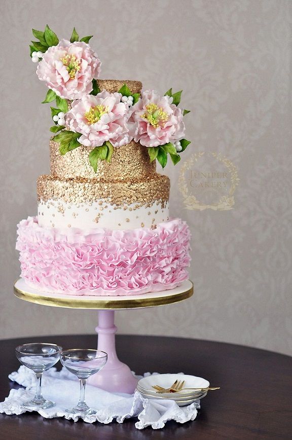 Peony Ruffle Cake with Gold Sequins